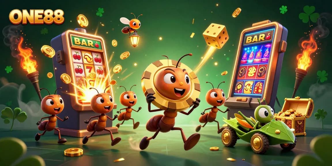 Experience thrilling gaming at ONE88 with a heist scene featuring ants and vibrant casino elements.