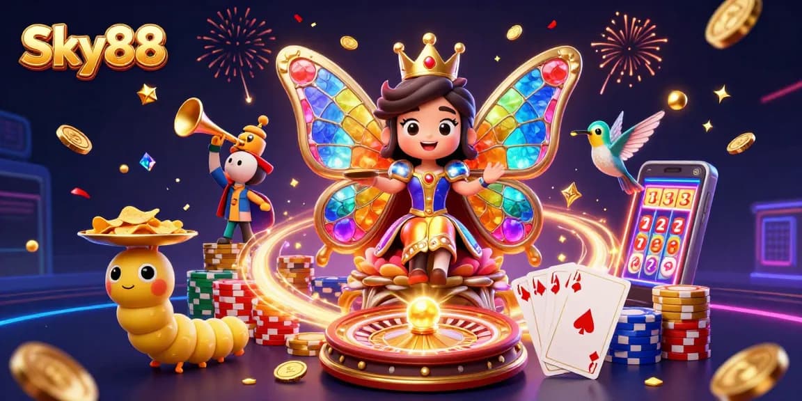 Sky88 offers captivating gaming with a royal butterfly queen and vibrant casino elements.