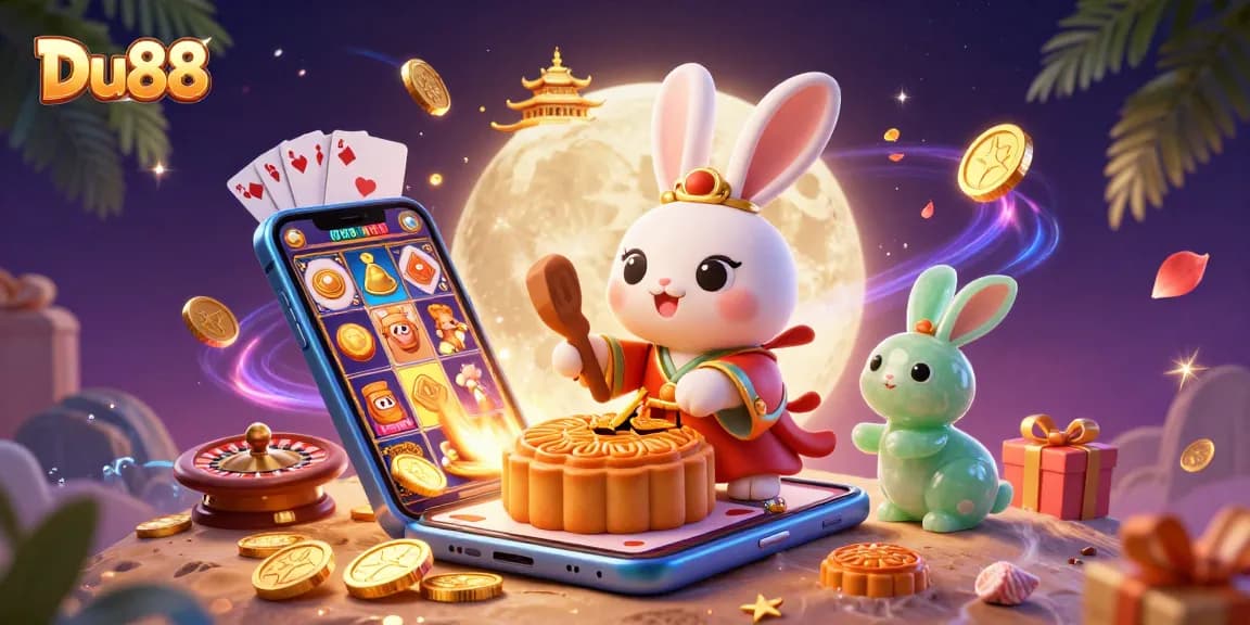 Experience thrilling moments of Du88 as a moon rabbit reveals poker chips from mooncakes in a lively casino scene.