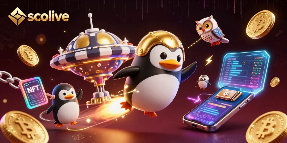 Socolive rocket penguin blasts through space towards a casino space station, surrounded by crypto coins and vibrant game elements.