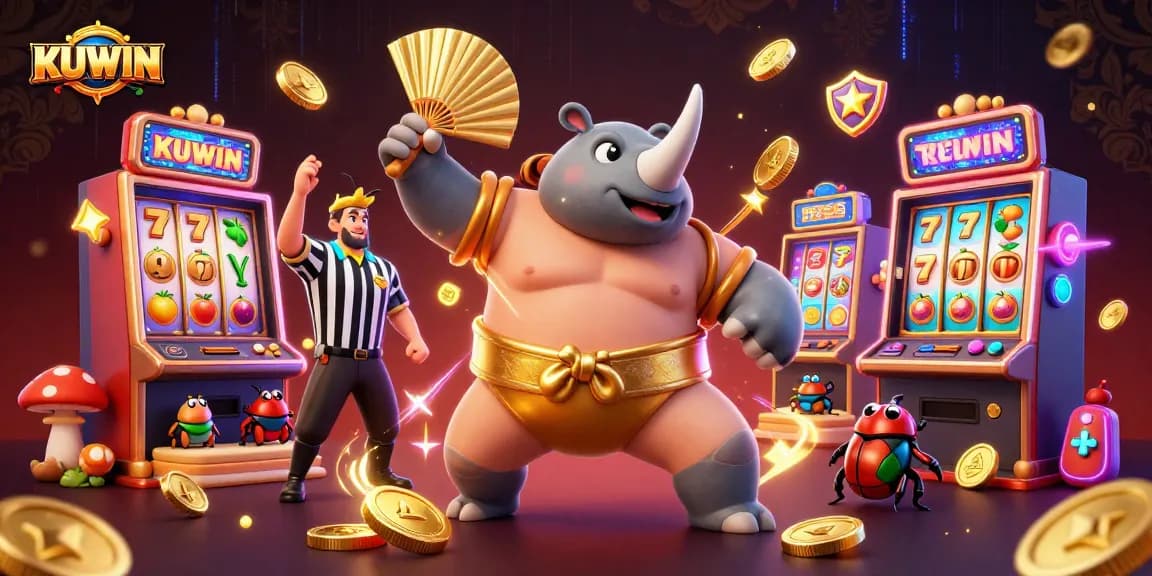 KUWIN offers thrilling slot experience with 3D cartoon elements depicting a beetle champion amidst flying coins.