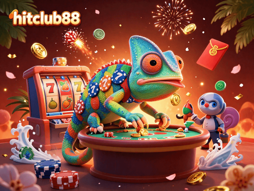 Experience excitement at hitclub88 with a vibrant casino scene featuring a chameleon owner and dynamic game elements.