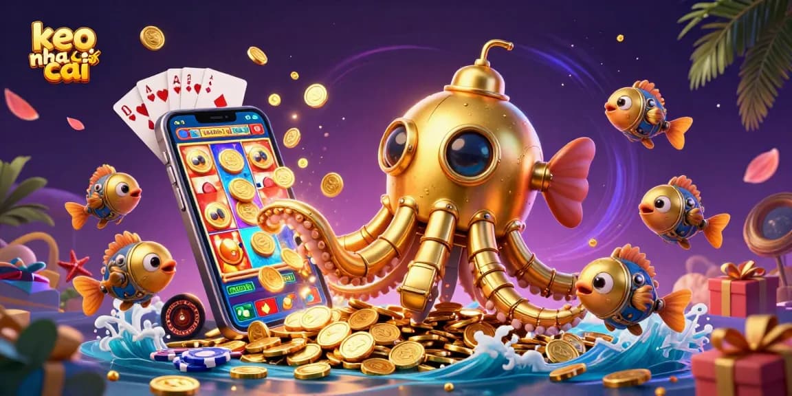 Engage with keo nha cai amidst a vibrant underwater scene featuring a golden kraken and lively casino elements.