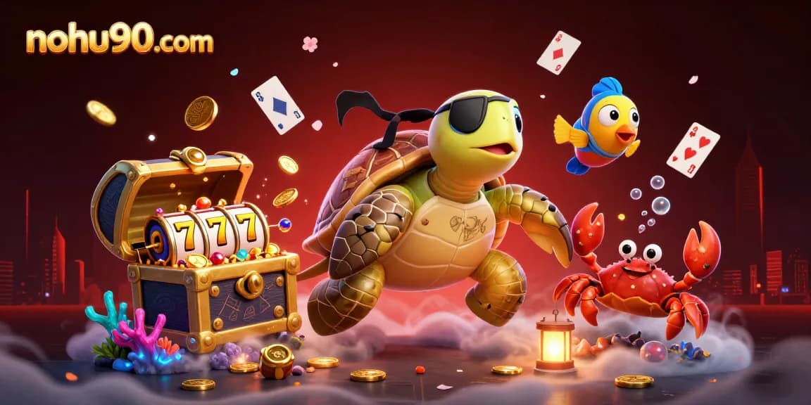 Play exciting games at nohu90com with this vibrant 3D scene featuring a jackpot, slots, and colorful characters.