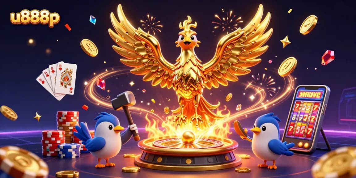 Experience exciting gameplay with u888p as a golden phoenix pours riches from above, symbolizing wealth and luck.