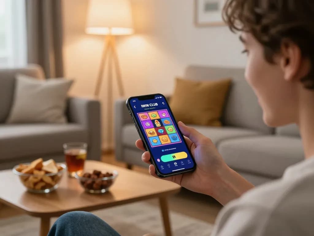 Player enjoying the IWIN CLUB mobile app in a cozy living room while playing slots