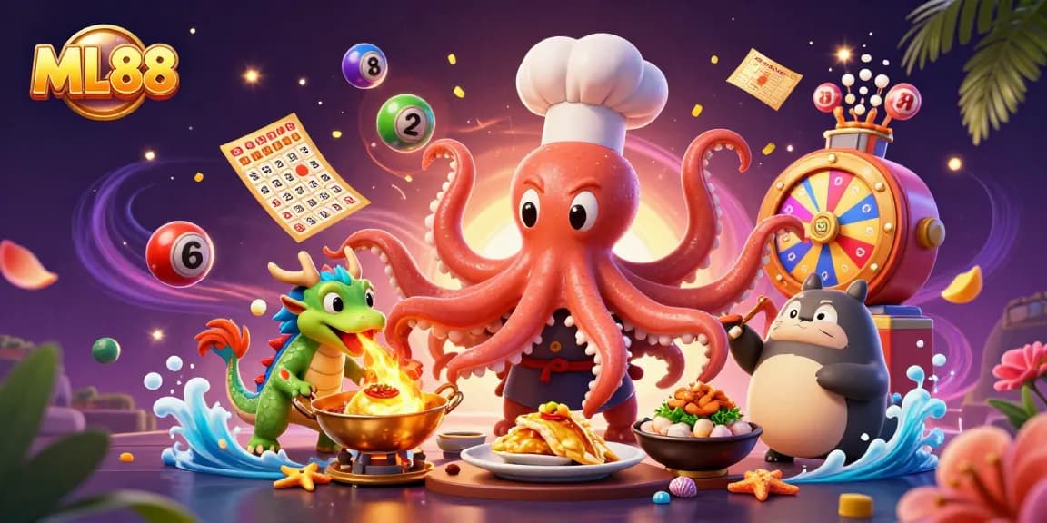 Engage with ML88's vibrant gaming world featuring an octopus chef, dragon, and dynamic lottery elements.