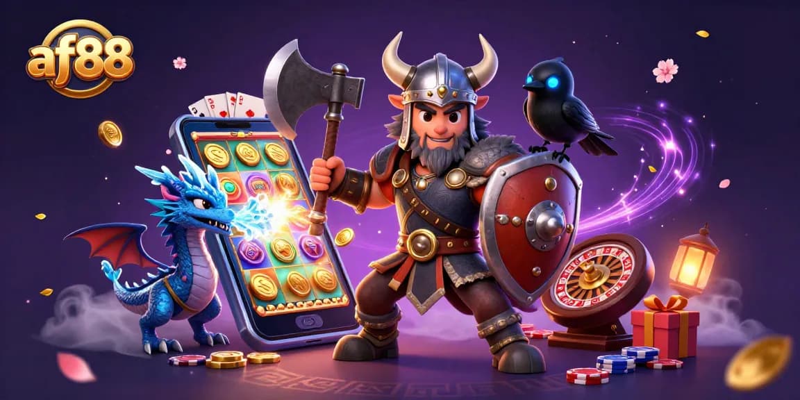 Play exciting games at af88 with a Viking wolf warrior, dragon, and thrilling casino elements.