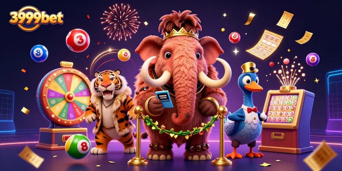 Engage with 3999bet's vibrant gaming experience featuring colorful casino elements and animated characters.