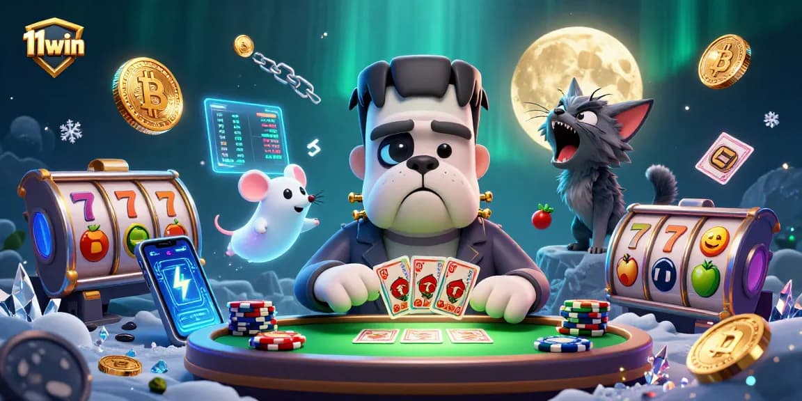 11win promoting slots with a 3D cartoon scene of a Frankenstein bulldog dealing cards at a casino table.