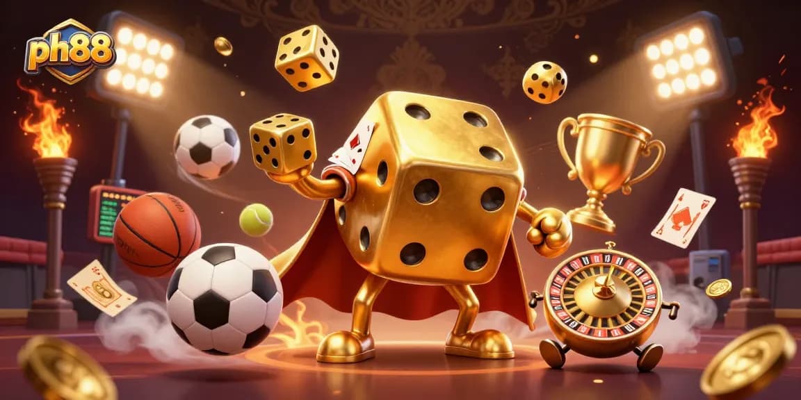 Experience thrilling casino action with ph88's lively gaming atmosphere featuring golden dice, cards, and sports elements.