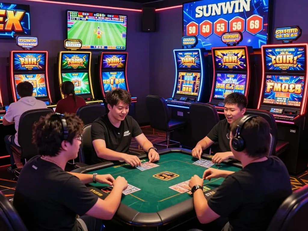Exciting gaming atmosphere at Sun Win with diverse players enjoying thrilling card games and slots.