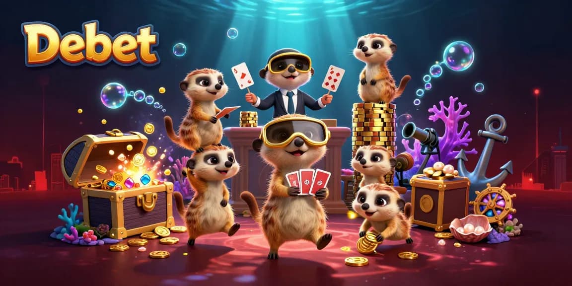 Debet showcases a lively meerkat casino scene with vibrant game elements and engaging characters.