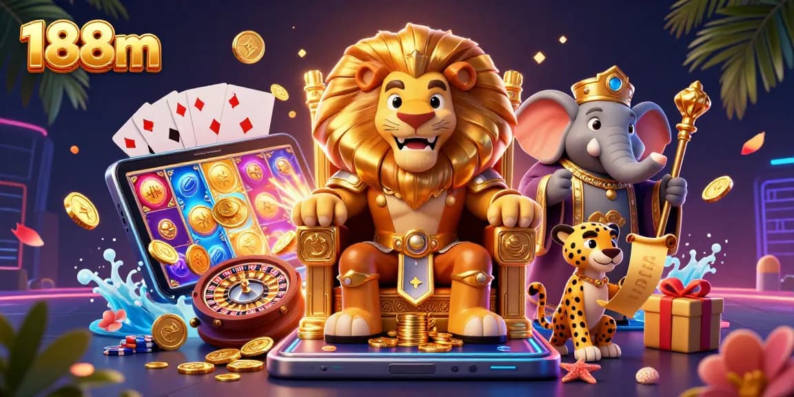 Engage with 188m's thrilling 3D casino scene featuring a lion king and dynamic gaming elements.