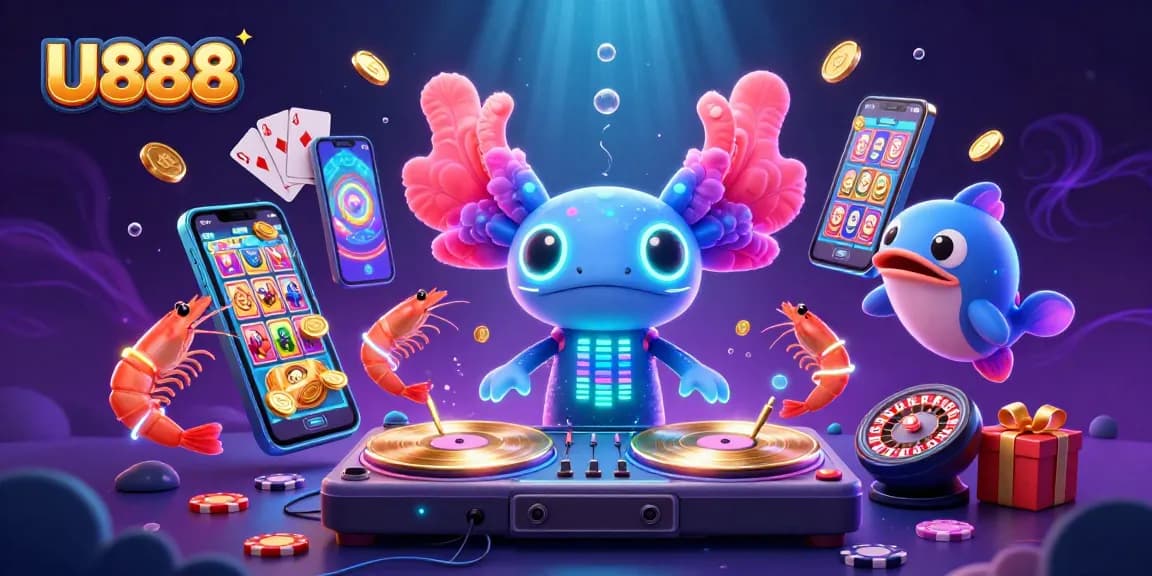 Experience U888's vibrant underwater casino scene with an axolotl DJ and energizing gaming elements.