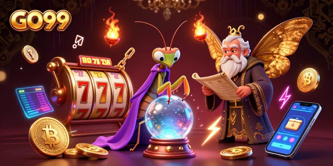 GO99 brings thrilling slot excitement with vibrant illustrations of coins, characters, and gaming elements.
