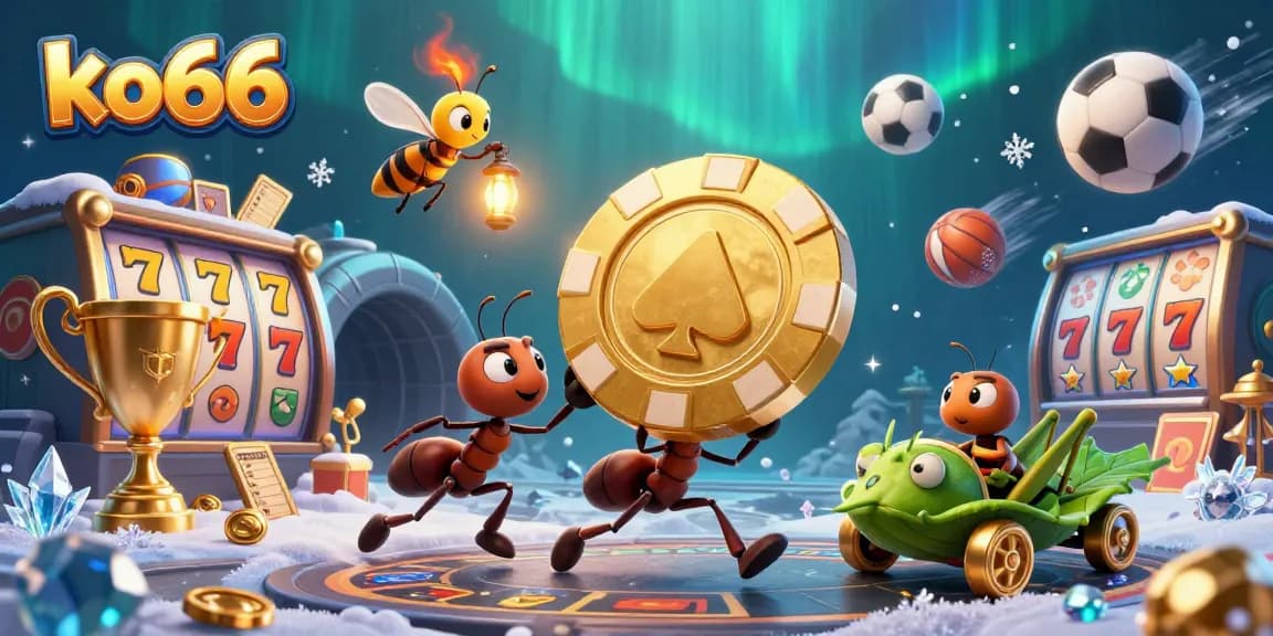 Engage in exciting gameplay with ko66 as ants carry a giant golden poker chip through a dynamic casino heist scene.