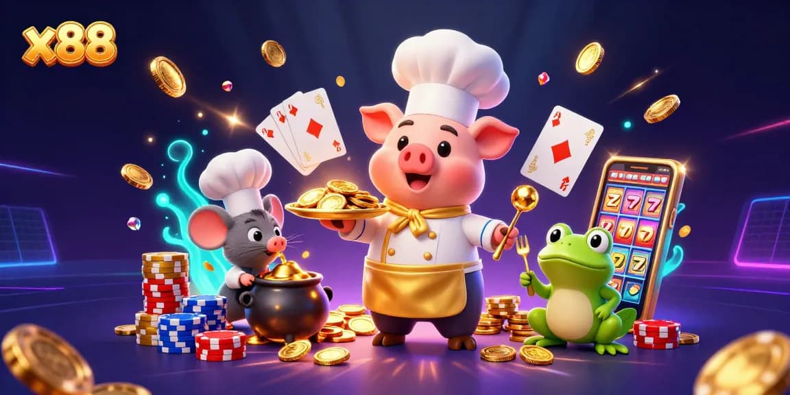 Experience thrilling gameplay at x88 with a dynamic scene of characters enjoying casino treasures.
