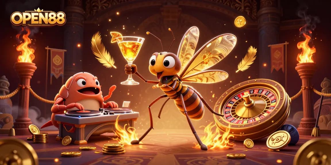 Experience the thrill of OPEN88 with a vibrant casino-themed illustration featuring unique characters and elements.