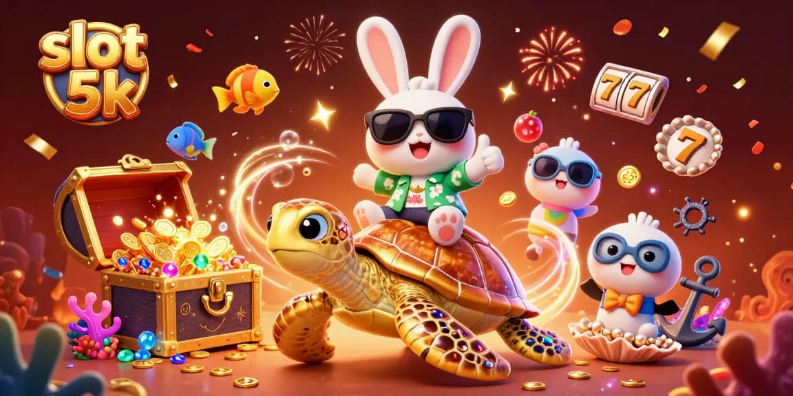 Engage with slot 5k's vibrant scene featuring a lucky rabbit and a golden sea turtle amidst joyful slot game symbols.