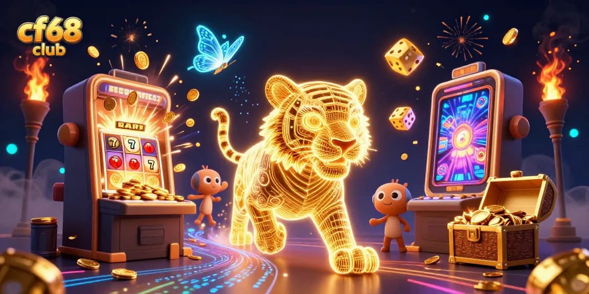 Join the excitement at cf68 club with vibrant casino illustrations featuring slot machines and glowing dice.