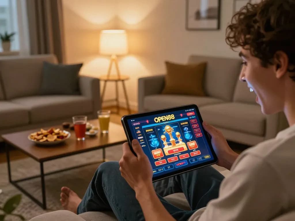 Engaged player enjoying OPEN88 online casino game on a tablet in a cozy home setup.