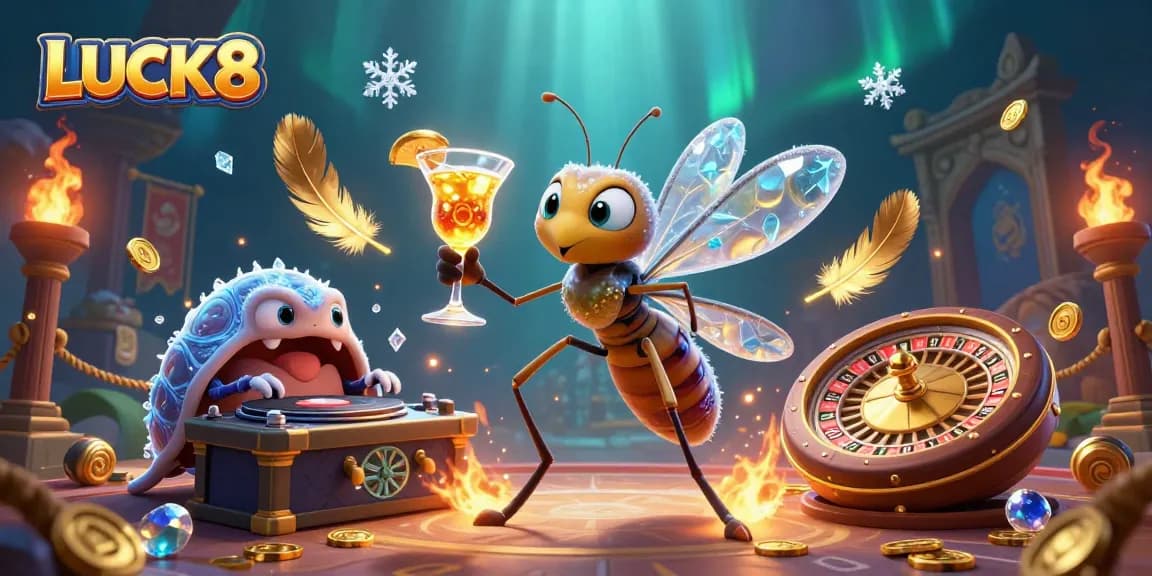 Spin the golden roulette wheel at LUCK8 with a frozen mosquito mascot in this dynamic casino scene.