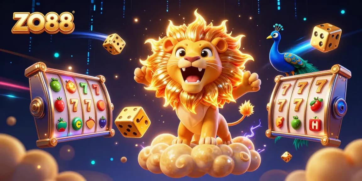Experience vibrant ZO88 slots with a roaring sun lion and dazzling casino elements.