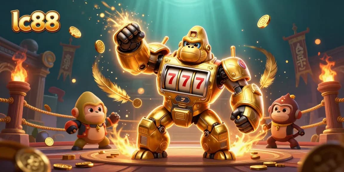 Experience thrilling gameplay with lc88's golden gorilla mech in an exhilarating casino scene.