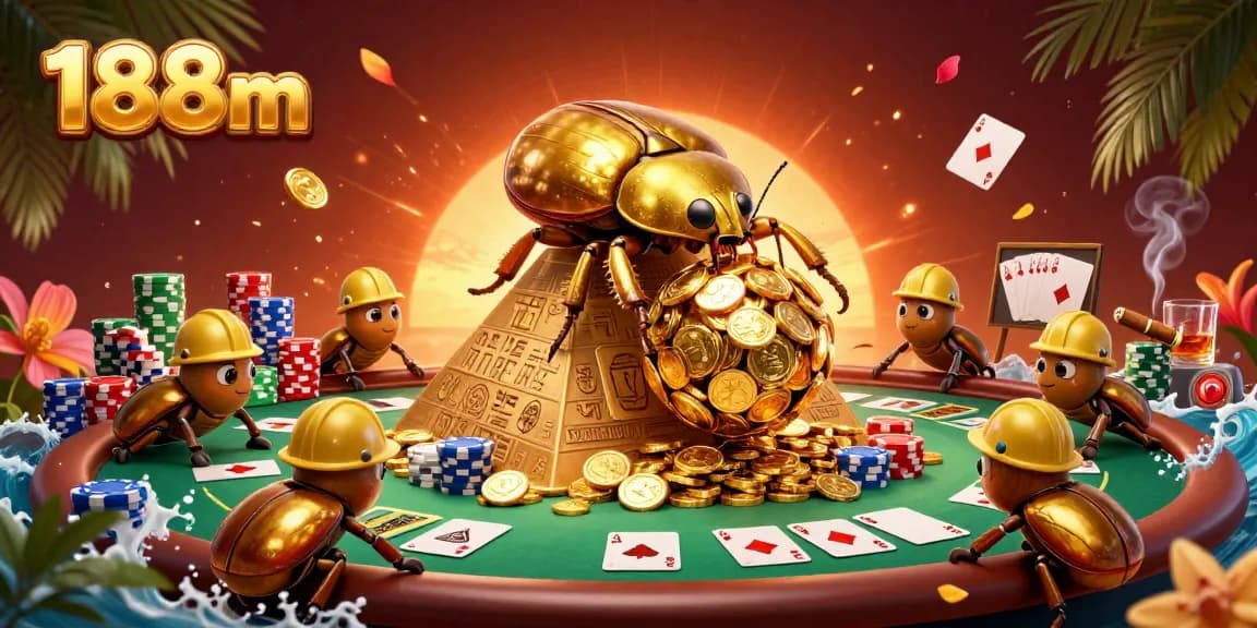 Engage in thrilling gaming with 188m, featuring a massive beetle rolling golden coins in a vibrant casino scene.