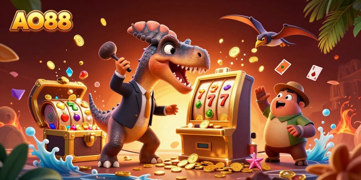 AO88 casino scene with a dinosaur jackpot, colorful slot reels, and treasure coins flying