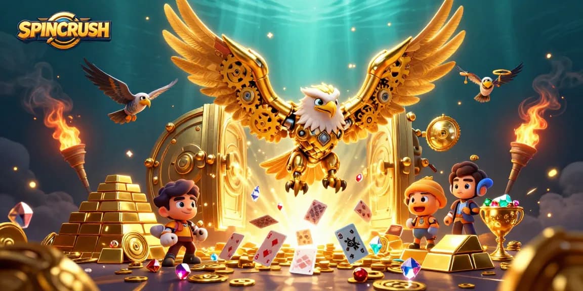 Experience the thrill of SPINCRUSH as the golden eagle soars through a cascade of playing cards.