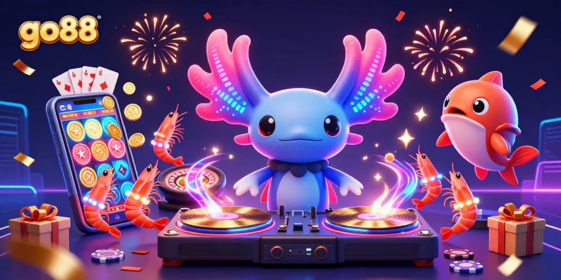 Experience go88 with a vibrant casino scene featuring a neon axolotl DJ and exciting game elements.