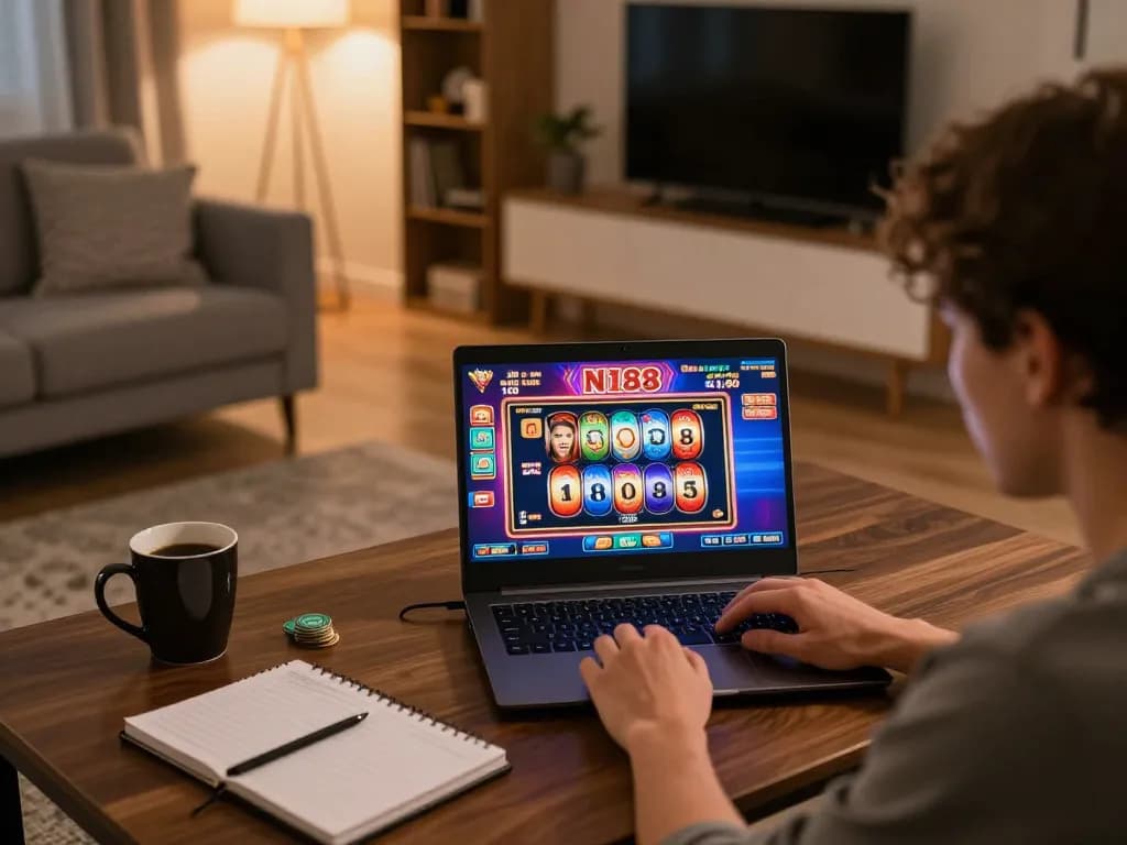 Engaging in N188 online gaming session with vibrant slot machines on screen in a cozy home setting