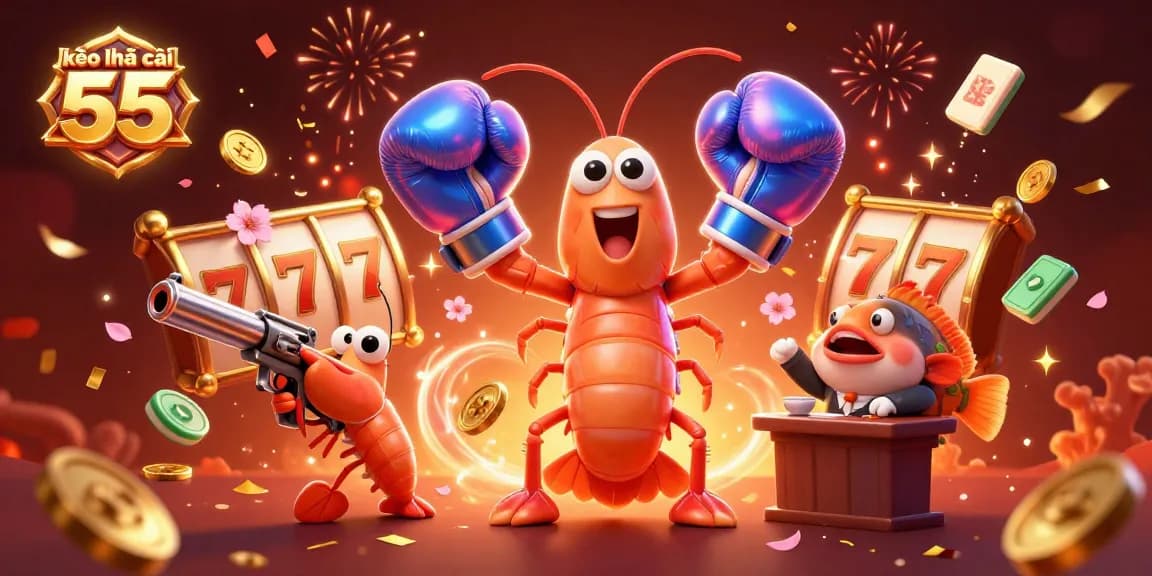 Engage in thrilling action with kèo nhà cái 55 at this vibrant casino scene featuring animated characters and festive elements.