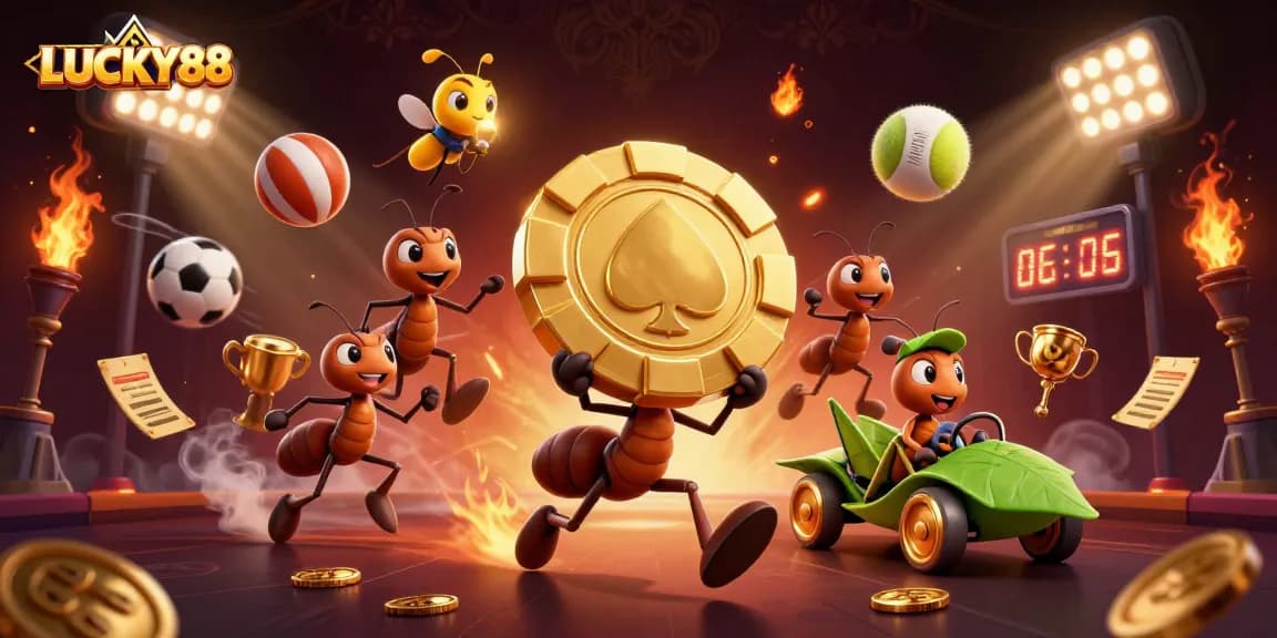 Experience thrilling gaming at LUCKY88 with ants carrying a giant poker chip amid sports excitement.