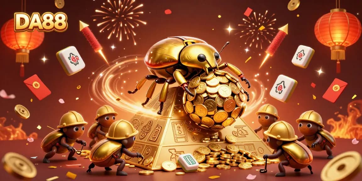 Experience winning spins in DA88 with a golden beetle-themed casino scene of celebration and fortune.