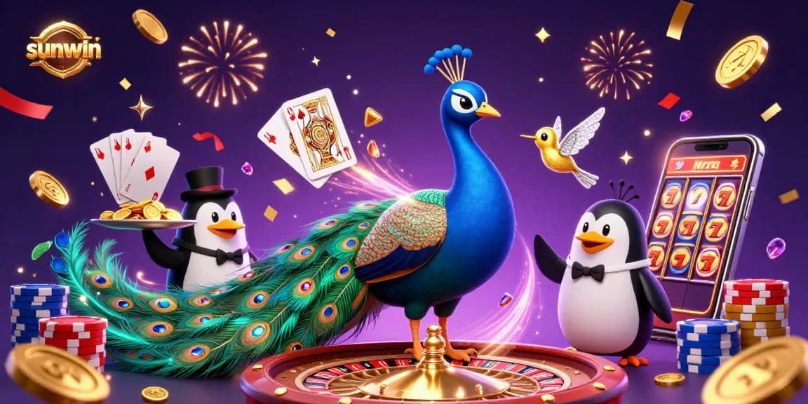 Win big with sunwin at a vibrant casino scene featuring colorful characters and dynamic gaming elements.