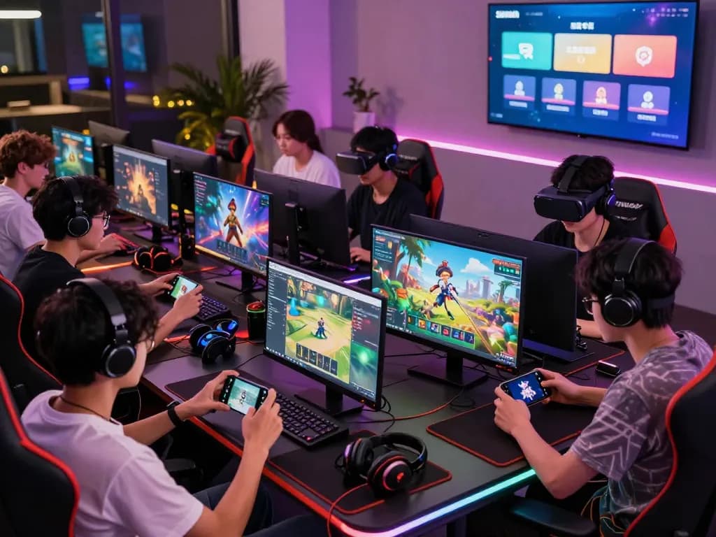 Engaged players exploring the Sunwin gaming platform with vibrant lighting and modern setups