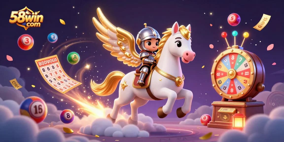 Engage with 58win com lottery excitement through a vibrant 3D illustration of luck and adventure.