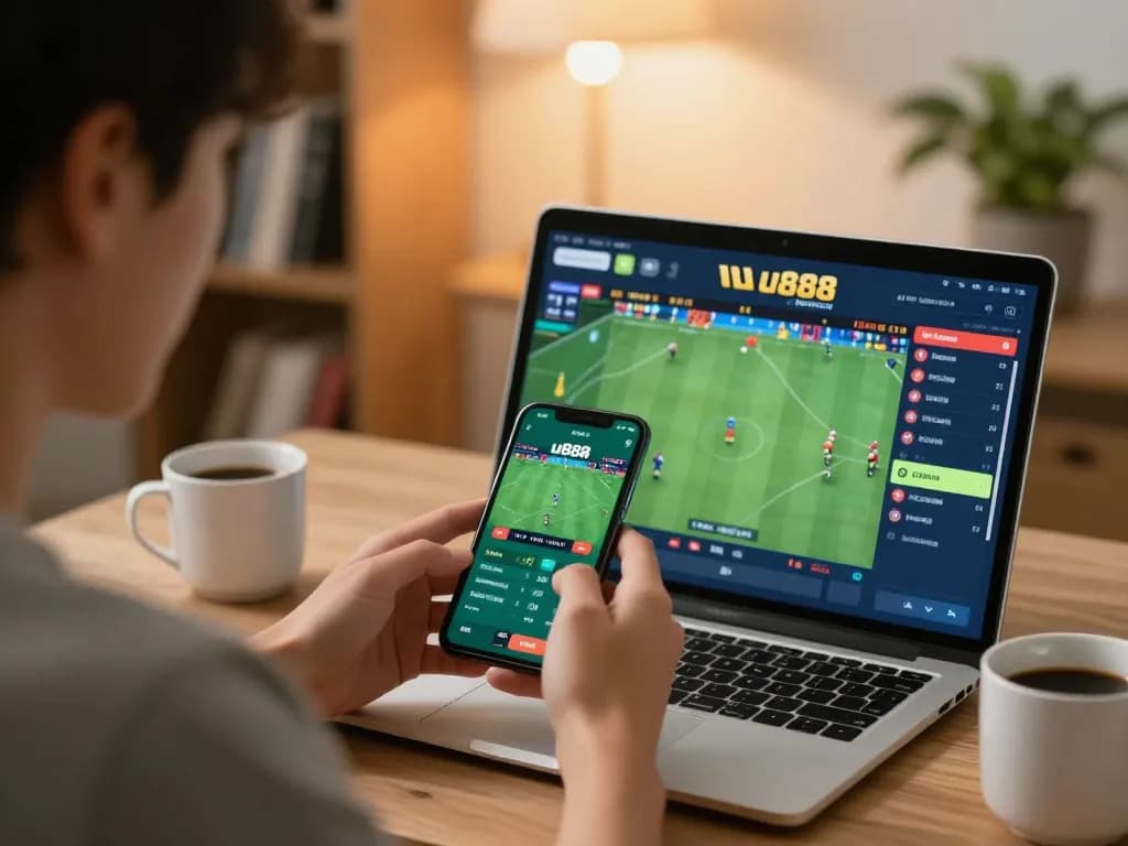 Engaging sports bet placement on u888 platform, showing strategic focus and excitement in modern workspace.