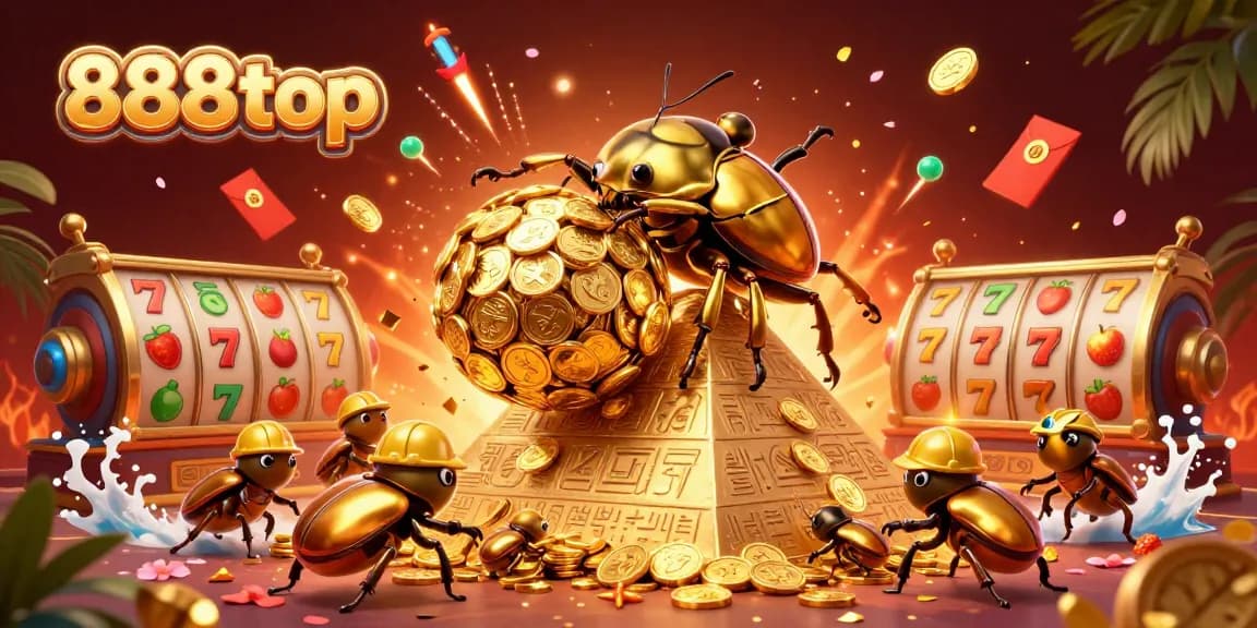 Win big with 888top's vibrant casino illustration featuring a golden beetle and slot machines.