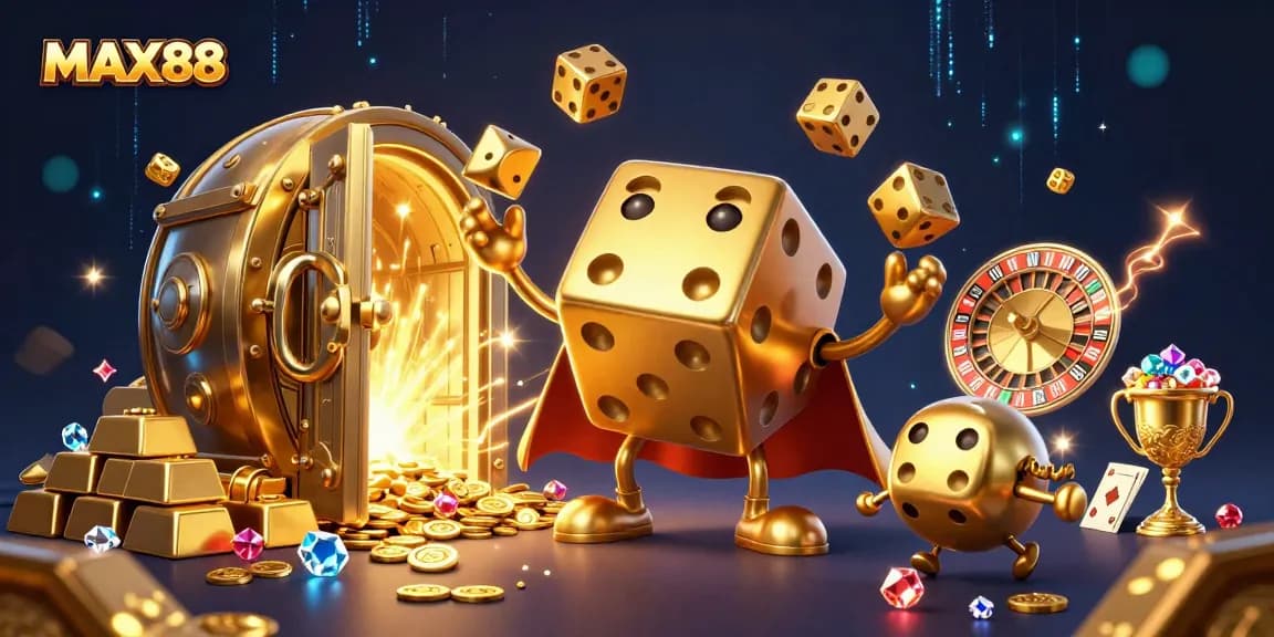 MAX88 showcases a dynamic 3D casino scene with vibrant golden dice and treasures.