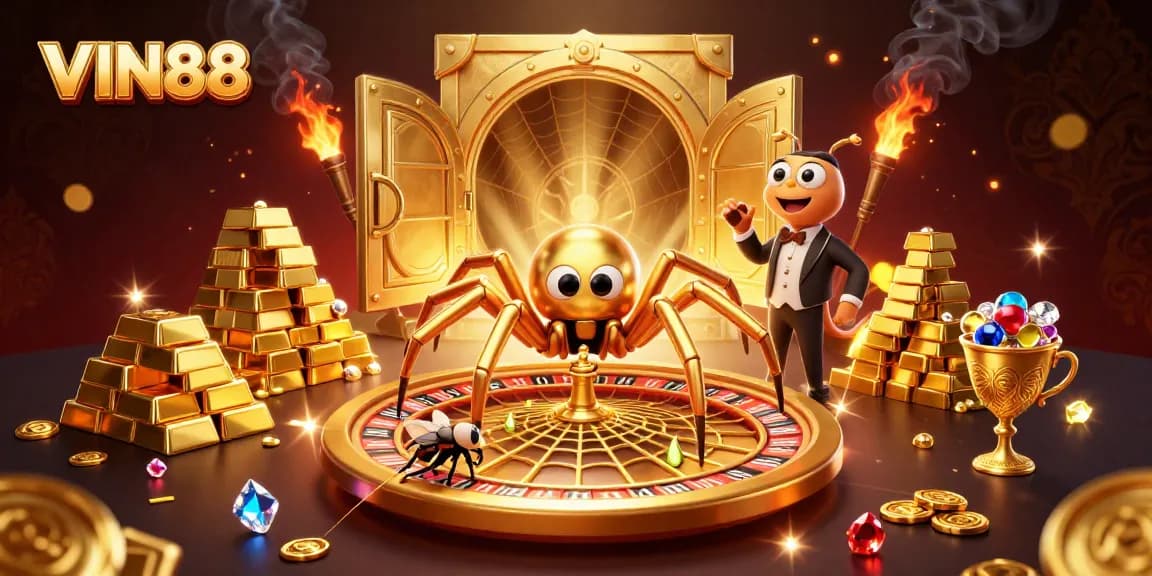 Place bets at VIN88 with a golden spider and roulette web, immersing in thrilling casino fun.