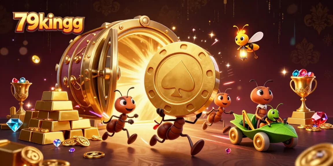 79kingg showcases a thrilling heist scene with cartoon ants and a grasshopper amidst a golden casino treasure
