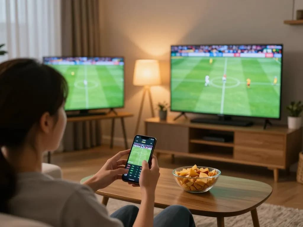Enjoying trực tiếp đá bóng action with strategic betting on smartphones in a cozy home