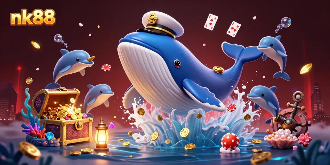 Experience thrilling wins with nk88 as a giant cartoon whale celebrates amidst coins and poker tricks in a vibrant casino setting.