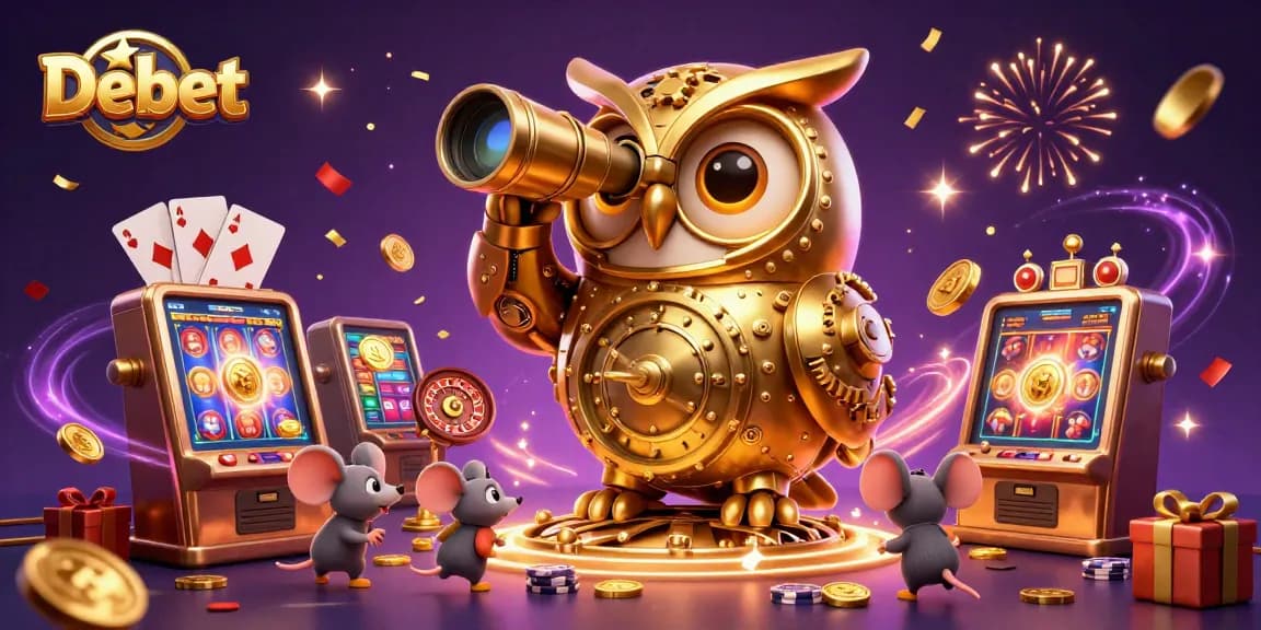 Experience the thrill of gaming at Debet with a golden owl overseeing the casino action.