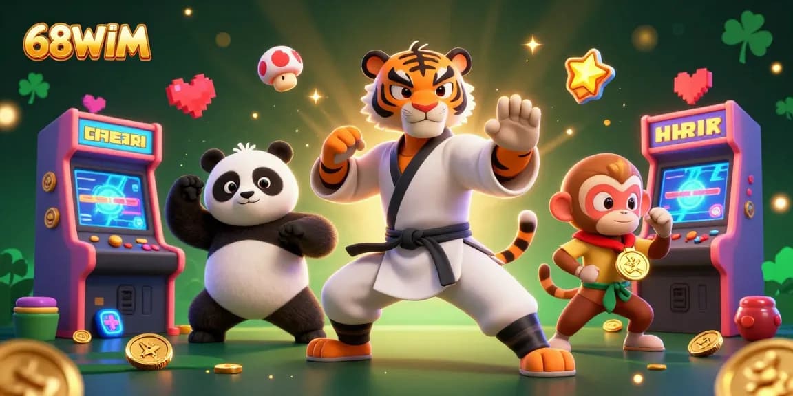 Engage in thrilling gambling with 68WIM, featuring kung fu characters amidst vibrant gaming elements.