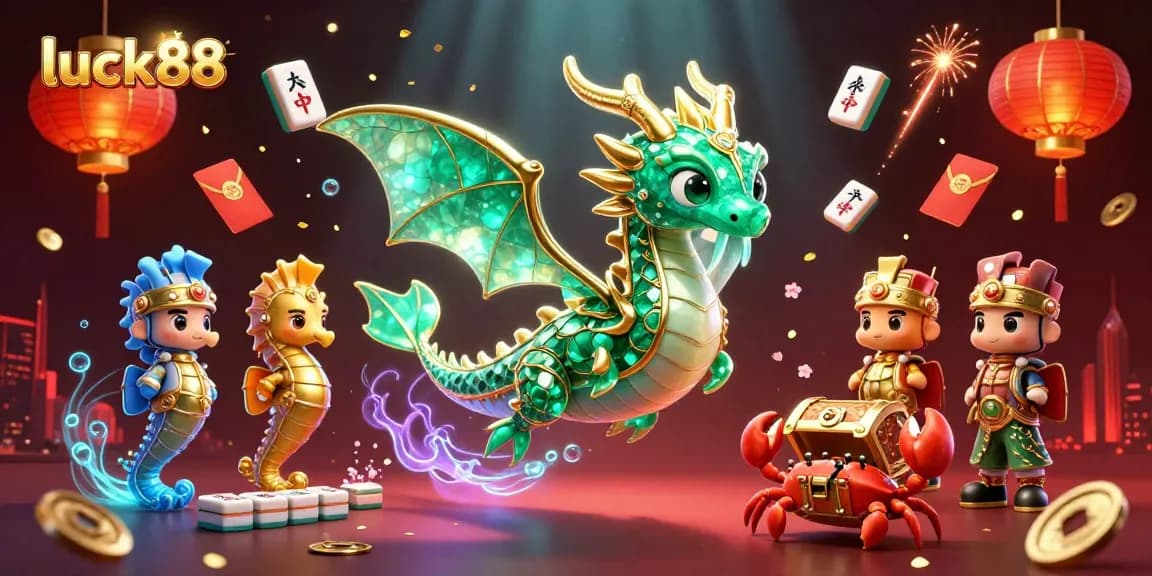 Bet on luck88 with a vibrant treasure-filled scene featuring a dragon and seahorse.